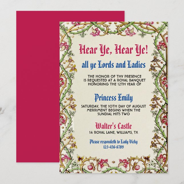 Medieval Renaissance Birthday Invitation (Front/Back)