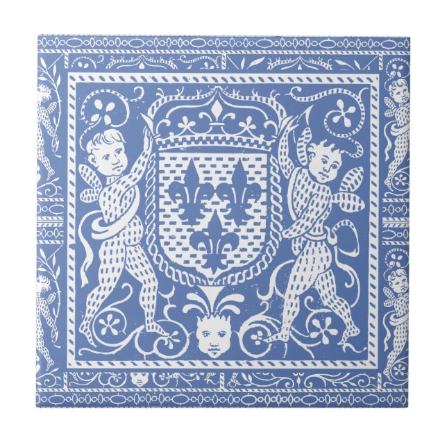 Medieval Renaissance Blue and White Cherubs Tile (Front)