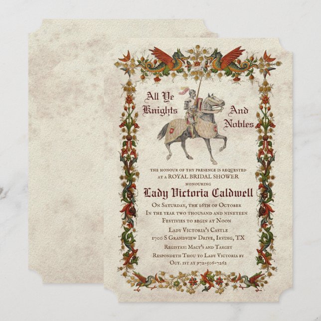 Medieval Renaissance Bridal Shower Invitation (Front/Back)