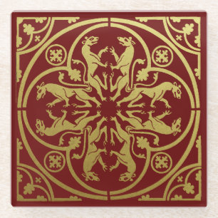 Medieval Renaissance Herald Lion Leopard Metallic Glass Coaster