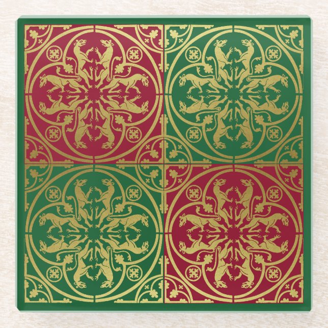 Medieval Renaissance Herald Lion Leopard Metallic  Glass Coaster (Front)