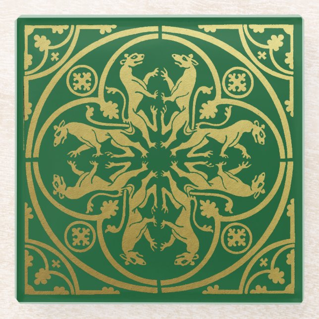 Medieval Renaissance Herald Lion Leopard Metallic  Glass Coaster (Front)