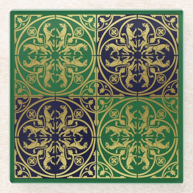 Medieval Renaissance Herald Lion Leopard Metallic  Glass Coaster (Front)