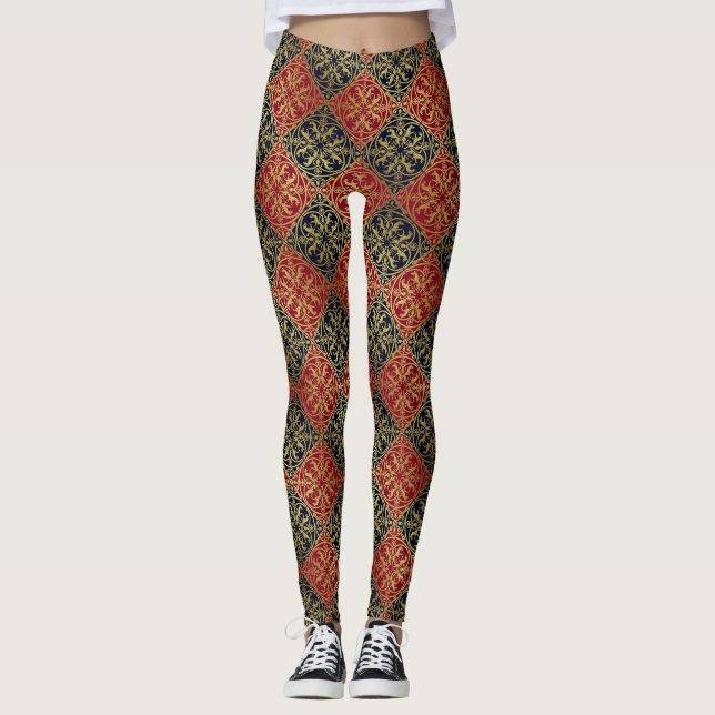 Medieval Renaissance Herald Lion Leopard Metallic  Leggings (Front)
