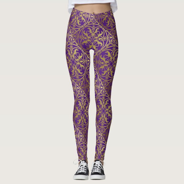 Medieval Renaissance Herald Lion Leopard Metallic  Leggings (Front)