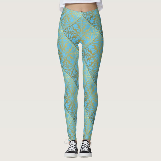 Medieval Renaissance Herald Lion Leopard Metallic  Leggings (Front)