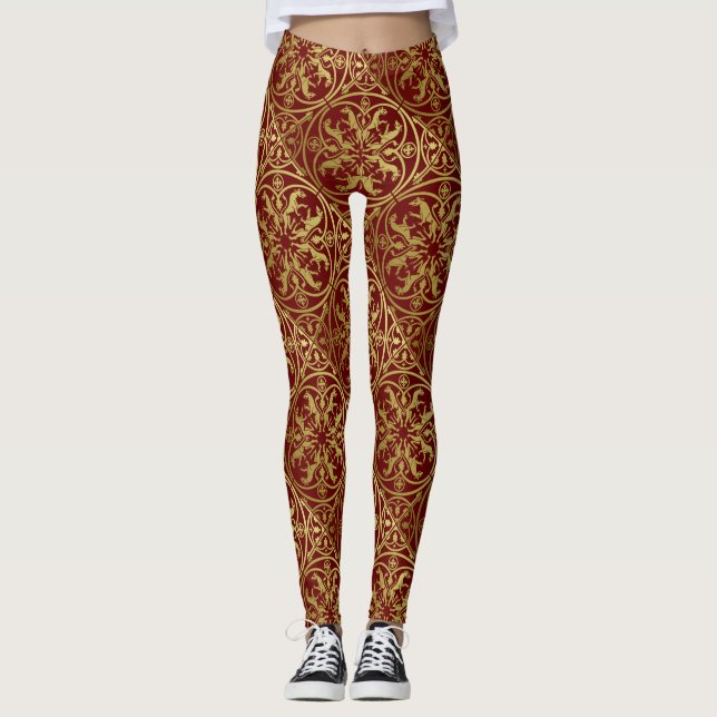 Medieval Renaissance Herald Lion Leopard Metallic  Leggings (Front)