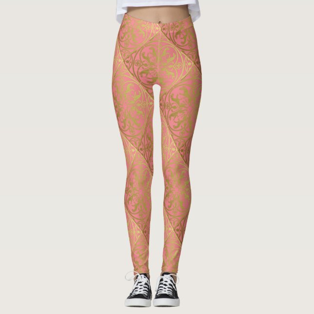 Medieval Renaissance Herald Lion Leopard Metallic  Leggings (Front)