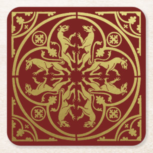 Medieval Renaissance Herald Lion Leopard Metallic Square Paper Coaster