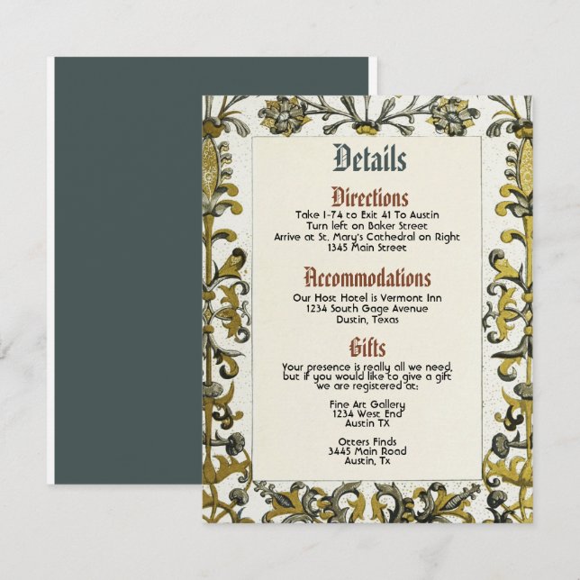 Medieval Renaissance Royal Wedding Details Card (Front/Back)