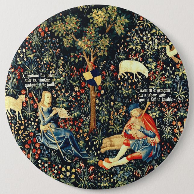 Medieval Renaissance Tapestry  Shepherds and Sheep 6 Inch Round Button (Front)