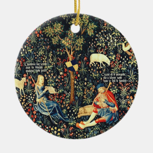 Medieval Renaissance Tapestry  Shepherds and Sheep Ceramic Ornament (Front)