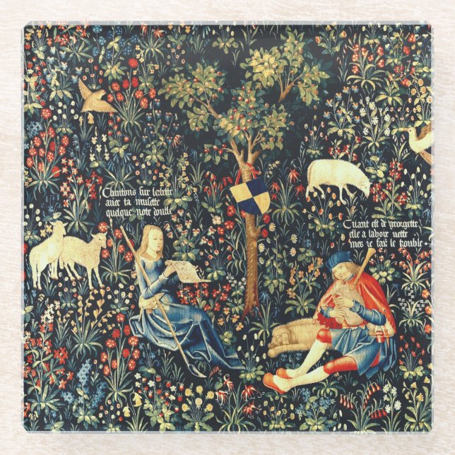 Medieval Renaissance Tapestry  Shepherds and Sheep Glass Coaster (Front)