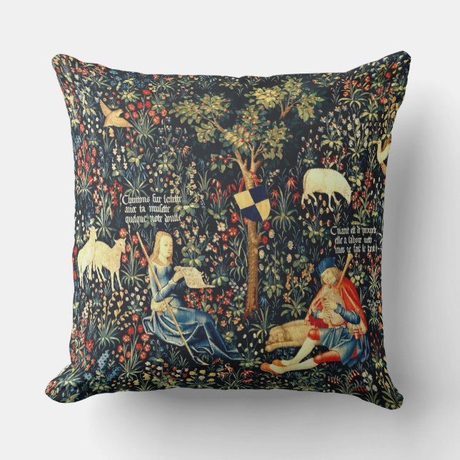 Medieval Renaissance Tapestry  Shepherds and Sheep Throw Pillow (Front)