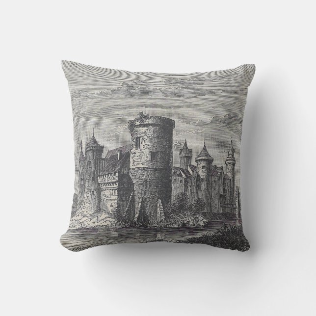 Medieval Rouen Castle | Antique Black & Cream Throw Pillow (Front)