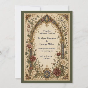 Medieval Royal Blue Botanical Floral Wedding Invitation