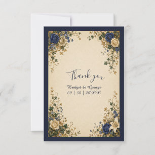 Medieval Royal Blue Botanical Floral Wedding Thank You Card