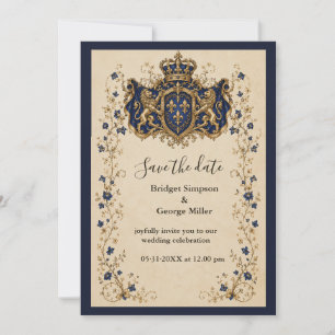 Medieval Royal Lion Crest Botanical Wedding Invitation