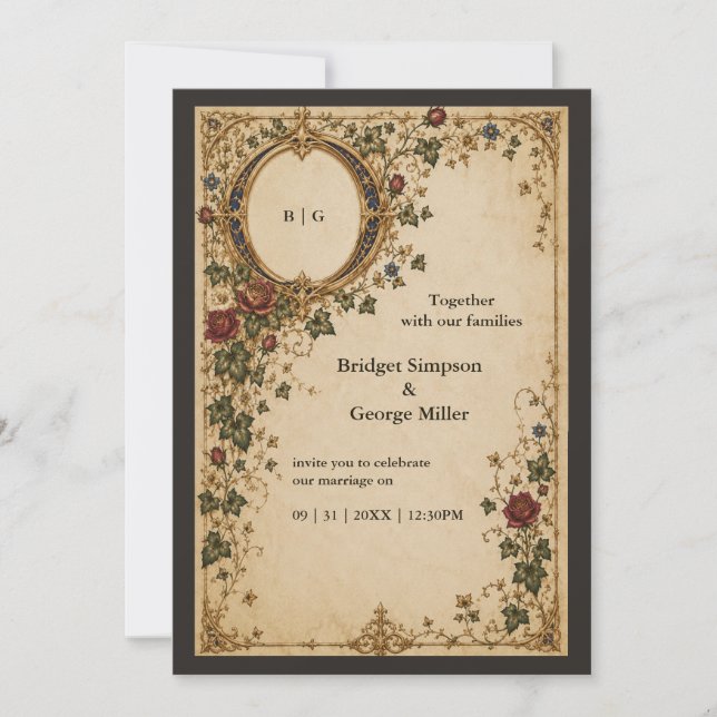 Medieval Royal Monogram Botanical Floral Wedding Invitation (Front)