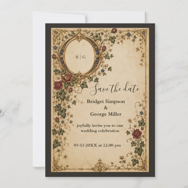 Medieval Royal Monogram Botanical Floral Wedding Invitation (Front)