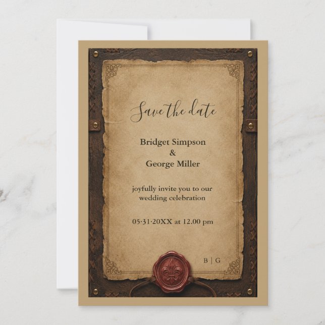 Medieval Rustic Leather Wax Seal Wedding Invitation (Front)