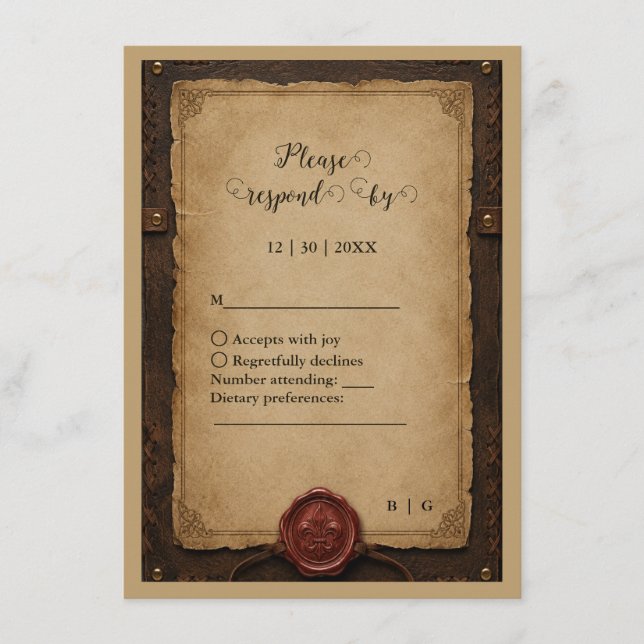Medieval Rustic Leather Wax Seal Wedding Menu (Front)