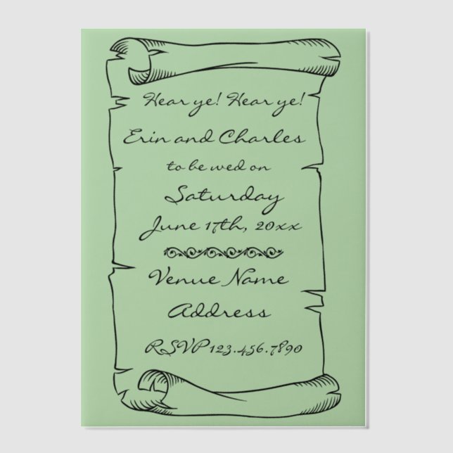 Medieval Scroll Green Wedding Save Date Invitation (Front)
