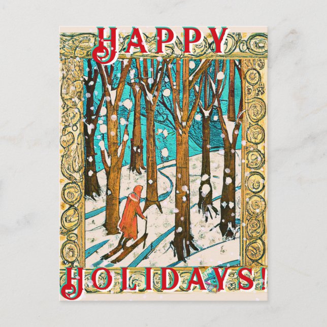 Medieval Skiing Winter Happy Holidays  Postcard (Front)