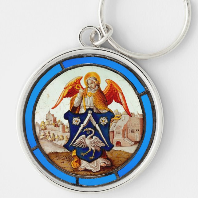 Medieval Stained Glass Angel and Coat of Arms Keychain (Front)