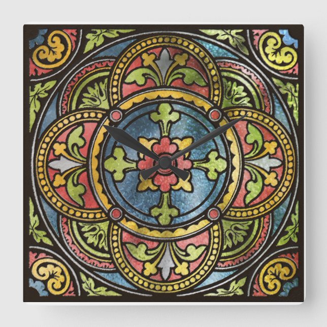 Medieval Stained Glass Square Wall Clock (Front)