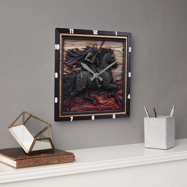 Medieval Steed: Black Border Custom Square Wall Clock (Office)