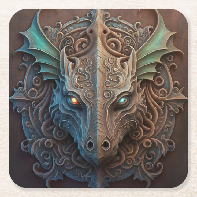 Medieval Stone Gargoyle Dragon Carving Square Paper Coaster (Front)