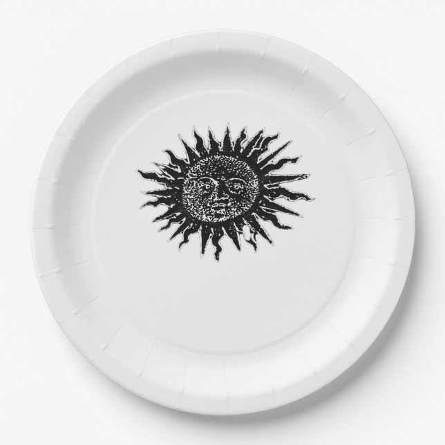 Medieval Sun Engraving - Whimsigoth Aesthetic - Wh Paper Plate (Front)