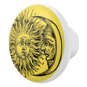 Medieval Sun & Moon Face Ceramic Knob