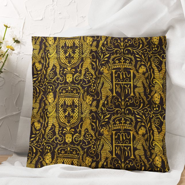 Medieval Tapestry Gold and Black Throw Pillow (Creator Uploaded)