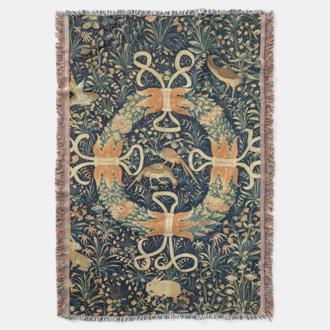 Medieval Tapestry with Flowers, Birds, and Rabbits Throw Blanket (Front Vertical)