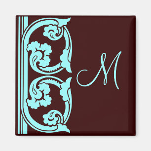 Medieval Teal on Chocolate Brown Monogram Magnet