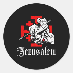 Medieval Templar Knight On War Horse Jerusalem Cro Classic Round Sticker
