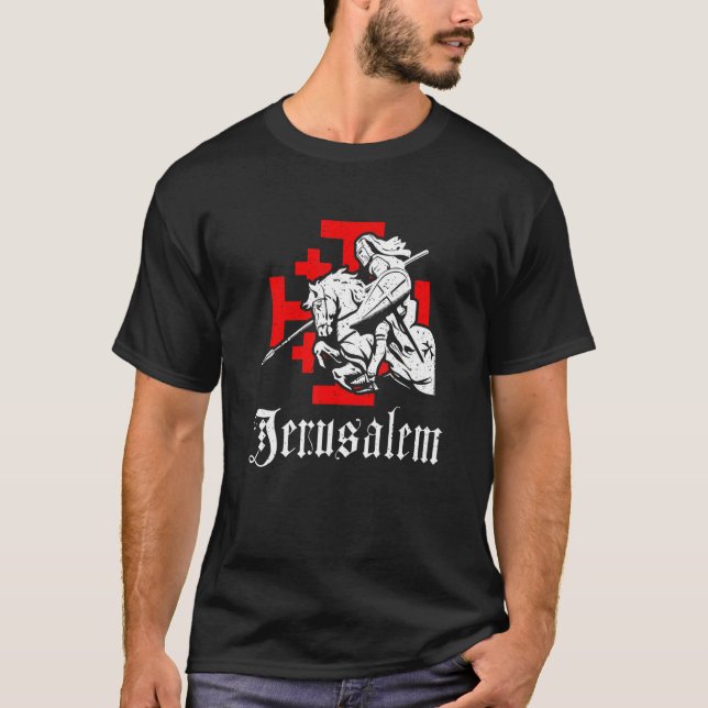 Medieval Templar Knight On War Horse Jerusalem Cro T-Shirt (Front)
