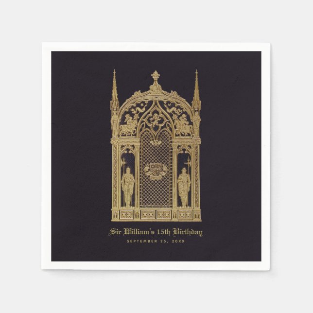 Medieval Themed Birthday Gothic Knight Black Gold Napkin (Front)
