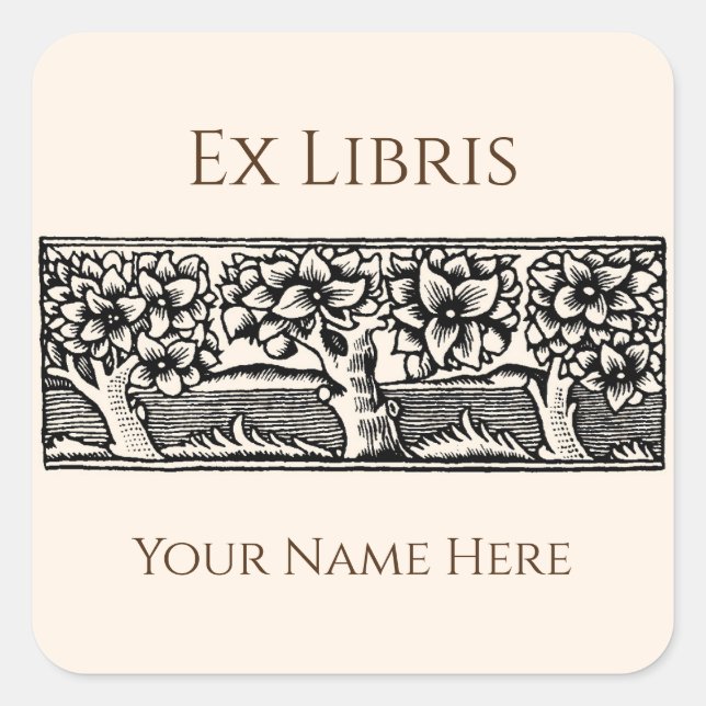 Medieval Trees Ex Libris Bookplate, Customizable Square Sticker (Front)