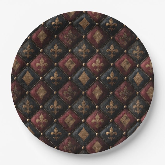 Medieval Tufted Fleur-de-Lis Harlequin Pattern (1) Paper Plate (Front)