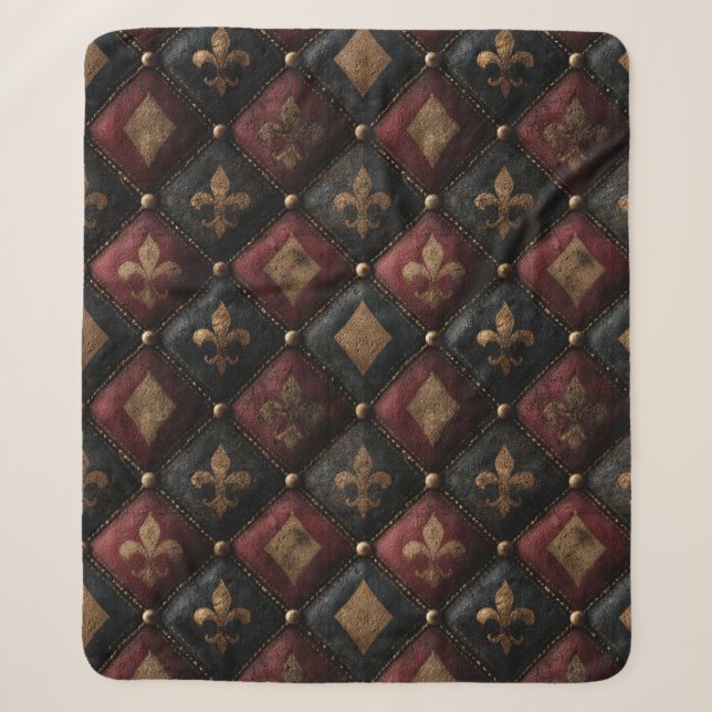 Medieval Tufted Fleur-de-Lis Harlequin Pattern (1) Sherpa Blanket (Front)