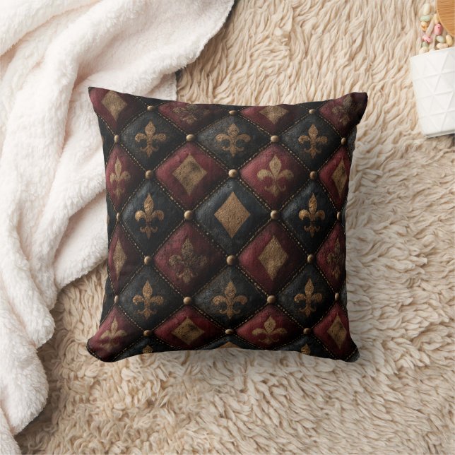 Medieval Tufted Fleur-de-Lis Harlequin Pattern (1) Throw Pillow (Blanket)