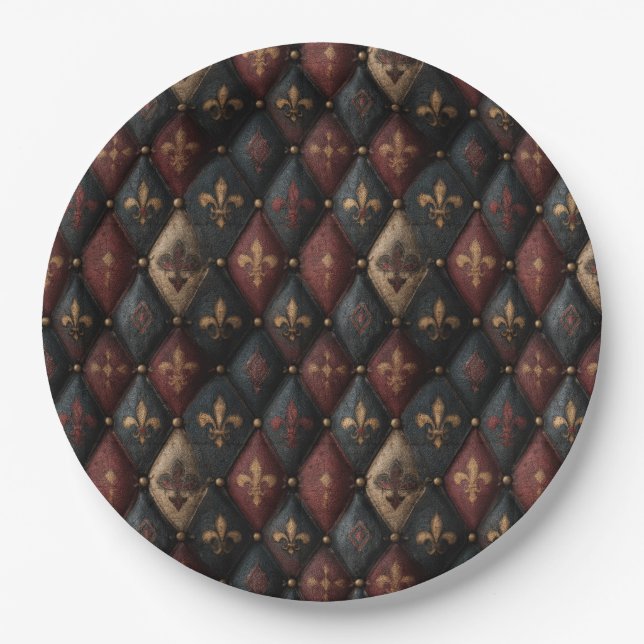 Medieval Tufted Fleur-de-Lis Harlequin Pattern (2) Paper Plate (Front)