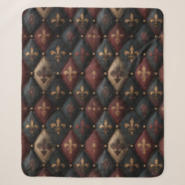 Medieval Tufted Fleur-de-Lis Harlequin Pattern (2) Sherpa Blanket (Front)