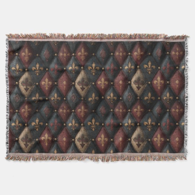 Medieval Tufted Fleur-de-Lis Harlequin Pattern (2) Throw Blanket (Front)