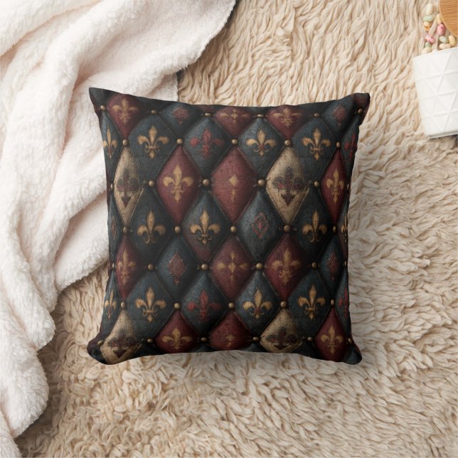 Medieval Tufted Fleur-de-Lis Harlequin Pattern (2) Throw Pillow (Blanket)