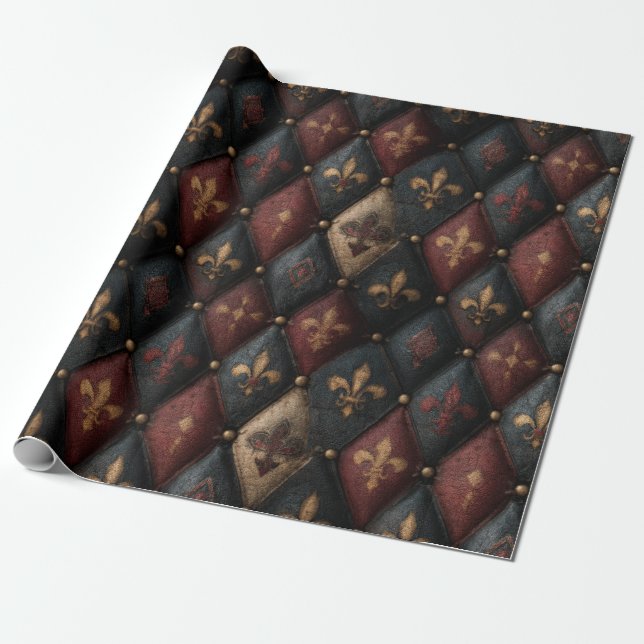 Medieval Tufted Fleur-de-Lis Harlequin Pattern (2) Wrapping Paper (Unrolled)