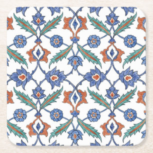 Medieval Turkish Tiles: Floral Ornament. Square Paper Coaster